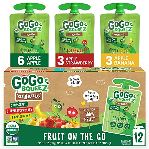 GoGo squeeZ Fruit on the Go Organic Variety Pack, Apple, Strawberry & Banana, 3.2 oz (Pack of 12), Unsweetened Organic Fruit Snacks for Kids, No Gluten, Nut & Dairy, Recloseable Cap, BPA Free Pouches