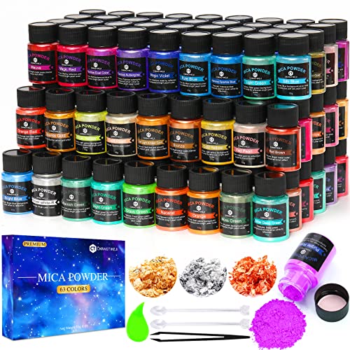 CHANGTIKEJI Mica Powder，63 Colors - 10g/Bottle of Natural Pigment Powder for Epoxy Resin，Lip Gloss，Eye Shadow,Car Paint, Dye,Soap Making,Nail Polish,Candle Making,Bath Bombs