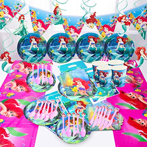 98 Pcs Mermaid Party Decorations, Princess Ariel Birthday Party Supplies include Mermaid Tableware,Paper Plates Napkins Table Cover,Mermaid Banner, Gift Bags for Girl’s Birthday Baby Shower