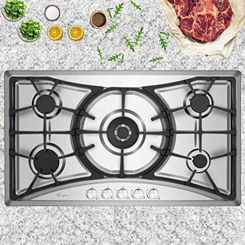 Empava 36 in. Gas Stove Cooktop with 5 Sealed Burners-Heavy Duty Continuous Grates-NG/LPG Convertible, 36 Inch, Stainless Steel