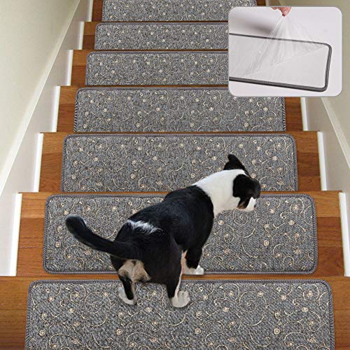 Stair Treads Non-Slip Carpet Indoor Set of 13 Grey Carpet Stair Tread Treads Stair Rugs Mats with Self Adhesive Skid Resistant Peel & Stick (30 x 8 inch),(Grey, Set of 13)