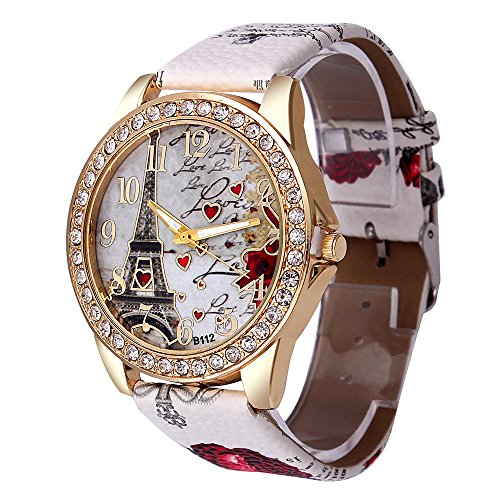 Women's Wrist Watch Vintage Paris Eiffel Tower Crystal Leather Quartz Wristwatch Best Gift (White -1)