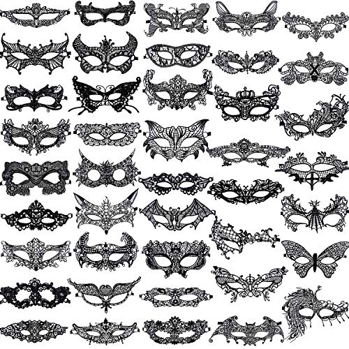 SIQUK 42 Pieces Masquerade Masks Black Lace Mask Women Party Ball Venetian Masks