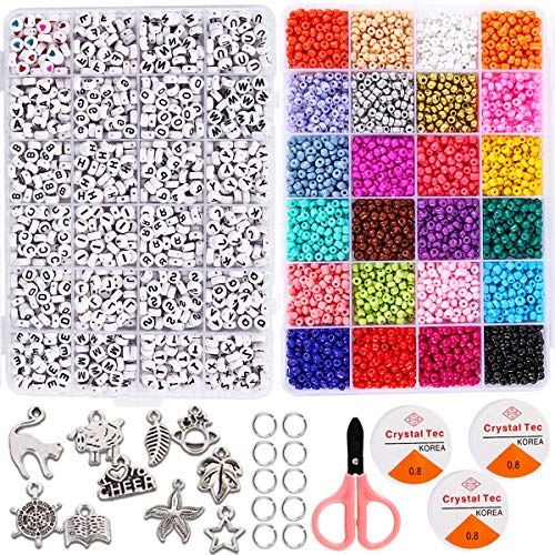 Goody King Bracelet Making Kit Friendship Bracelet Kit Beads for Bracelets - 5000+pcs Bead Craft Kit Set, Glass Pony Seed Letter Alphabet DIY Art and Craft - Gift for Her Women Kid Age 6 7 8 9 (4mm)