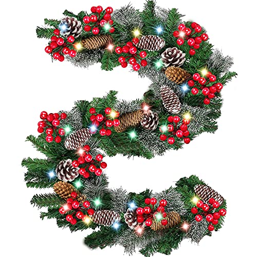 [ Timer ] 9 Ft by 10 Inch 100 LED Christmas Garland Lights 12 Flash Modes Thick 300 Snowy Tips 198 Red Berry 18 Pinecone Battery Operated Prelit Xmas Garland Christmas Decorations Mantel Home Indoor