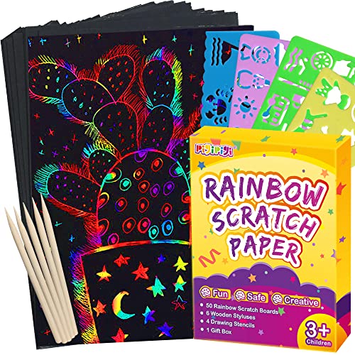 pigipigi Scratch Paper Art for Kids - 60 Pcs Magic Rainbow Scratch Paper Off Set Scratch Crafts Arts Supplies Kits Pads Sheets Boards for Party Games Easter Christmas Birthday Gift