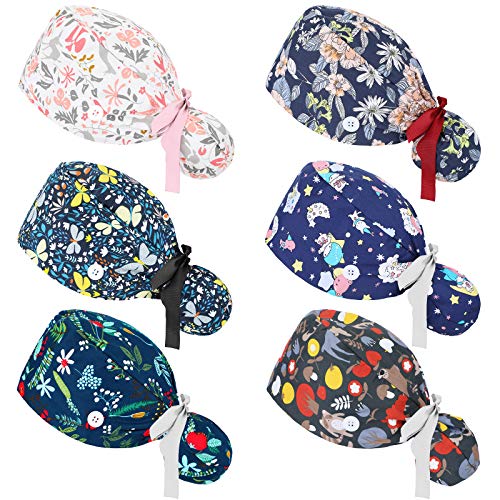 6 Pcs Scrub Caps Women Nursing Hats with Buttons Adjustable Ponytail Holder Bouffant Turban Hats (Retro Patterns)