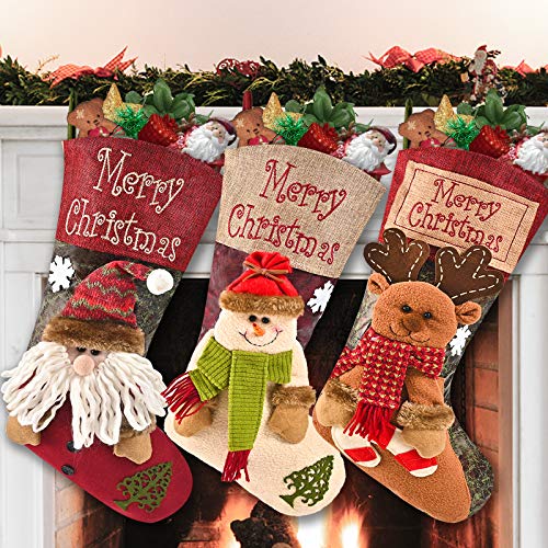 Qhui Christmas Stockings 3 Pack, 18' Large Classic Christmas Stocking with 3D Style Santa Claus, Snowman, Reindeer and Sturdy Hanging Loop for Fireplace Hanging, Christmas and Home Decorations