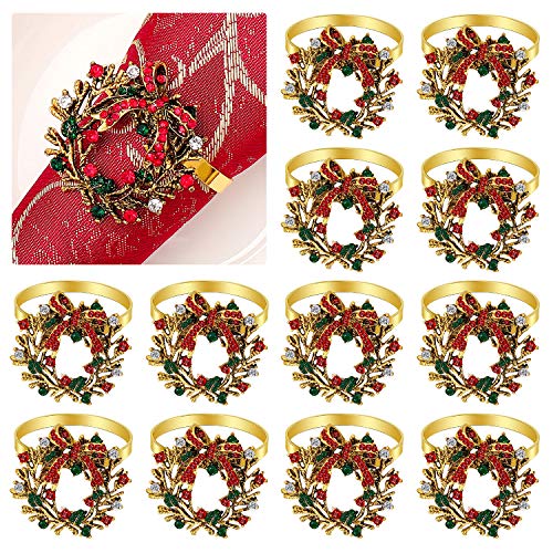 Christmas Wreath Napkin Rings Christmas Napkin Holder Rings for Christmas Holiday Party Dinner Wedding Banquet Dinning Table Settings Decoration (12 Pieces)