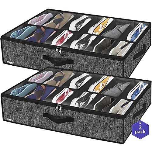Onlyeasy Sturdy Under Bed Shoe Storage Organizer, Set of 2, Fits Total 24 Pairs, Underbed Shoes Closet Storage Solution with Clear Window, Breathable, 29.3'x23.6'x5.9', Linen-like Black, MXAUBSB2P