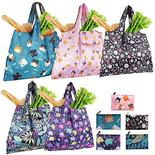 Ravmix Reusable Grocery Bags, 5 Pack XX-Large Tote Bag for Groceries, Beach Gear, Toys, Gym/School/Office Supplies, Washable Foldable Shopping Bags with Wide Long Handle, Cute Cats/Elephant/Blossom