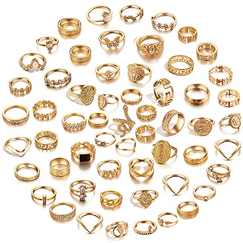 59 Pcs Vintage Knuckle Rings Set Stackable Finger Rings Midi Rings for Women Bohemian Hollow Carved Flowers Gold&Silver Rings Crystal Joint Rings (1:59 PCS Gold)