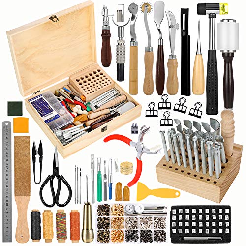 424 Pcs Leather Tools, Leather Working Tools and Supplies, Leather Craft Kits with Instructions, Leather Sewing Kit, Leather Tool Holder, Wooden Storage Box, Leather Stamping Set