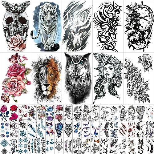 Hotoyannia 82 Sheets Large-Size Black Temporary Tattoos Stickers for Women and Men, Includes 10 Large Fake Tattoos That Look Real and Last Long, Halloween Tattoos Include Wolf Lion Tiger Skull Tattoos