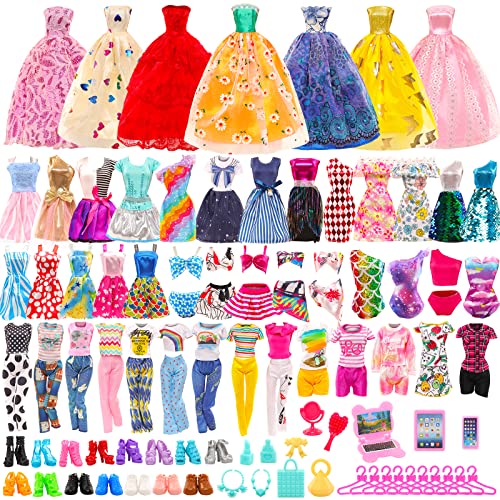 BARWA 57 Pack Doll Clothes and Accessories 5 Fashion Dresses 4 Tops 4 Pants Outfits 3 Wedding Gown Dresses 3 Swimsuits Bikini 5 Mini Dresses, 10 Hangers 15 Shoes Computer Cosmetic for 11.5 inch Doll