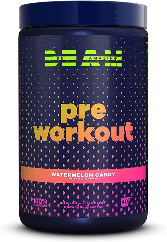BEAM Pre-Workout Powder | Vegan Energy Booster Powdered Drink with All-Natural Caffeine, No Crash, No Jitters | Gluten-Free Supplement with Adaptogens | Watermelon Candy, 40 Scoops
