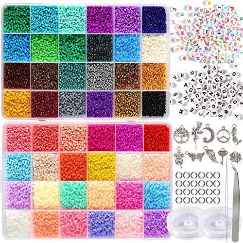 35000pcs 2mm 12/0 Seed Beads Craft Set Bracelets Necklace Ring Making Kits Glass Seed Letter Alphabet Beads Charms Pendants DIY Art Kit for Girls