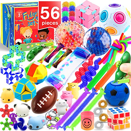 PP PHIMOTA Sensory Toys Set 56 Pack, Stress Relief Fidget Hand Toys for Adults and Kids, Sensory Fidget and Squeeze Widget for Relaxing Therapy - Perfect for ADHD Add Anxiety Autism