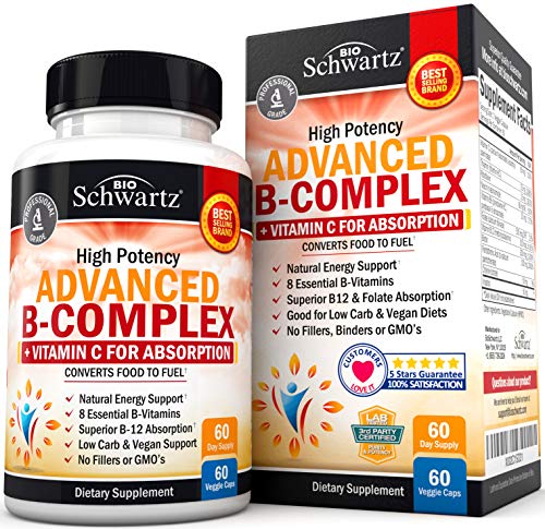 Vitamin B Complex with Vitamin C for Maximum Absorption - Methylcobalamin b12 & Folate Folic Acid Supplement - Vitamins B1 B2 B3 B5 B6 B7 B9 for Immune Energy & Nervous System Support - Non-GMO -60ct