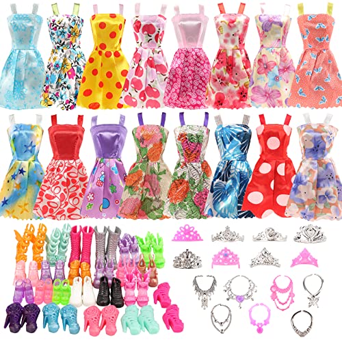 BARWA 32 pcs Doll Clothes and Accessories 10 pcs Party Dresses 22 pcs Shoes, Crown, Necklace Accessories for 11.5 inch Doll