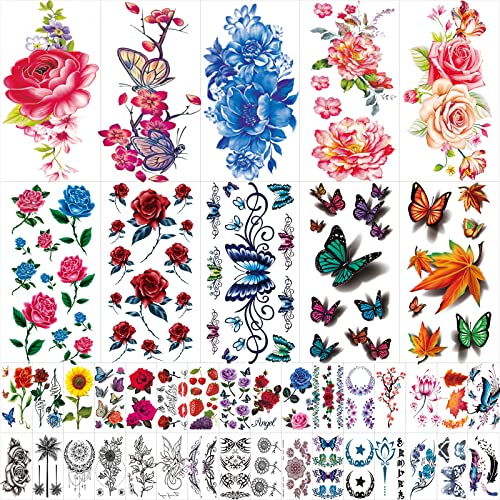 42 Sheets Flowers Temporary Tattoos Stickers, Roses, Butterflies and Multi-Colored Mixed Style Body Art Temporary Tattoos for Women, Girls or Kids