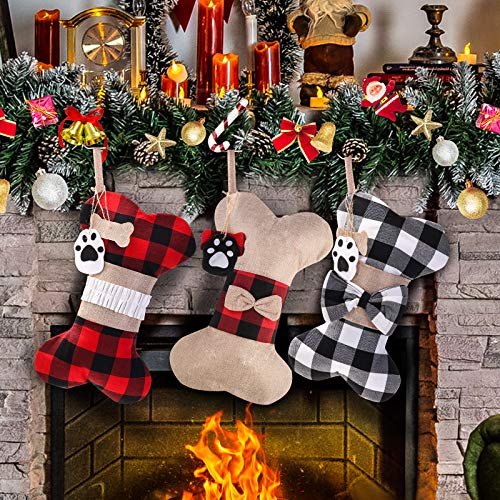 Yostyle Pet Dog Christmas Stockings Set of 3,Buffalo Plaid 18' Large Bone Shape Pets Stockings for Dogs Christmas Holiday Decorations