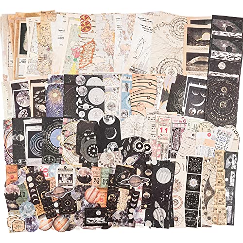 Knaid Vintage Scrapbook Supplies Pack (200 Pieces) for Art Journaling Bullet Junk Journal Planners DIY Paper Stickers Craft Kits Collage Album Aesthetic Cottagecore Picture Frames (Celestial)