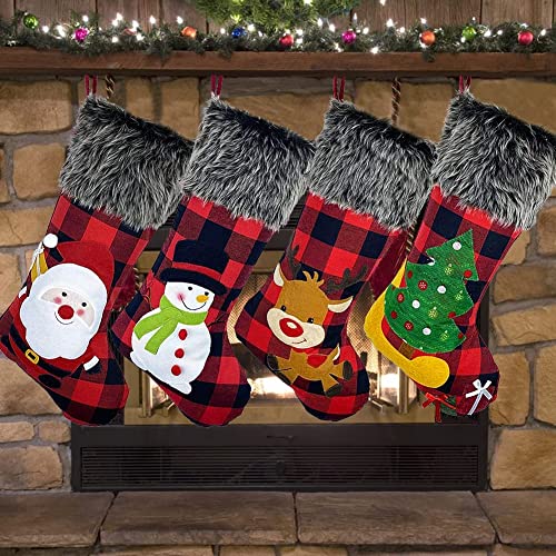 Sugaroom 4 Pack Christmas Stockings 18' Red Black Buffalo Plaid Christmas Stockings with Plush Faux Fur Cuff Xmas Stockings Fireplace Hanging Stockings for Family Holiday Christmas Decorations