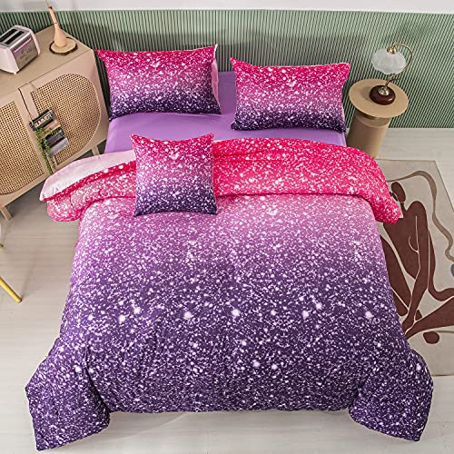 PERFEMET Purple Glitter Comforter Set Twin Size 6 Pieces Bed in A Bag for Teen Girls 3D Colorful Rainbow Bedding Comforter Sheet Set Ultra Soft Galaxy Quilted Duvet