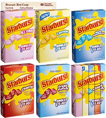 Starburst Singles to Go Variety Pack| 1 Box Each of 5 Flavors - Blue Raspberry All Pink Strawberry, Fruit Punch, Cherry and Lemon | Bundled with Ballard Hard Candy Recipe Card and Bonus Starburst Flavor