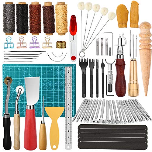 ELECTOP Leather Working Tools Kit, Leather Crafting Tools and Supplies with Leather Stamping Tool Prong Punch Edge Beveler Cutting Mat Awl Wax Ropes Needles DIY Leather Making Stitching Sewing Kit