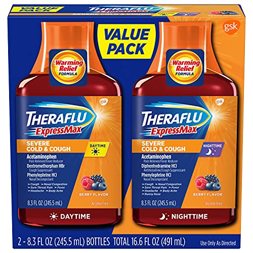 Theraflu ExpressMax Severe Cold and Cough Medicine, Daytime and Nighttime Cough and Cold Medicine for Cough Relief, Berry Flavor - 8.3 Fl Oz (Pack of 2)