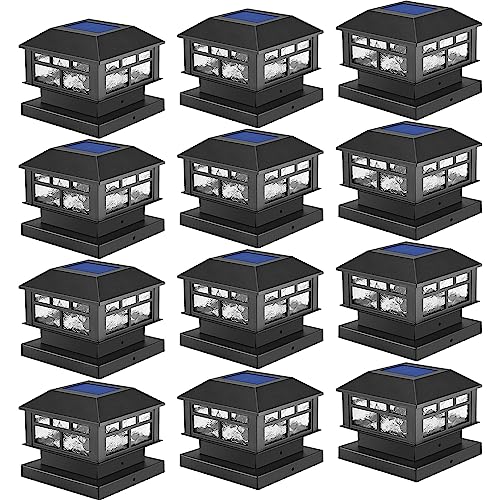 Solar Post Lights Outdoor,20LM Solar Fence Post Cap Lights,Waterproof,2 Light Modes,Fit 3.5x3.5in 4x4in 5x5in Wooden Post,Solar Power Deck Lights for Garden Deck Patio Decoration（Black 12Pack）