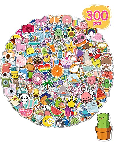 Stickers for Water Bottles, 300 Pcs/Pack Cute Vinyl Waterproof Vsco Laptop Skateboard Stickers Aesthetic Computer Hydroflask Phone Stickers for Kids Teens Girls