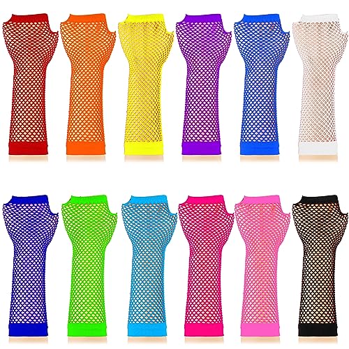 TecUnite 12 Pairs Fishnet Gloves Fingerless Neon Gloves for kids 80s Party Costume Accessories Supplies (Simple Style)