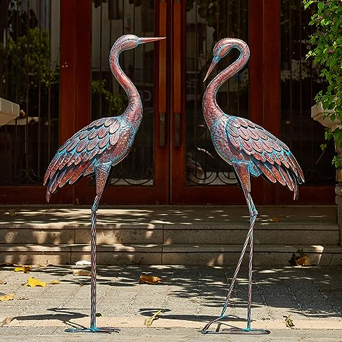 Kircust Garden Crane Statues Patina Heron Decoy, Standing Metal Crane Sculptures Bird Yard Art for Outdoor Decor, Set of 2