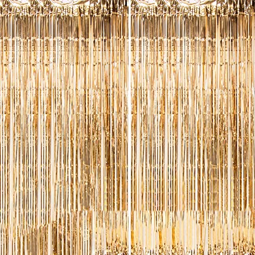 Dazzle Bright 2 Pack Backdrop Curtain, 3FT x 8FT Metallic Tinsel Foil Fringe Curtains Photo Booth Background for Baby Shower Party Birthday Wedding Engagement Bridal Decorations, Champagne Gold