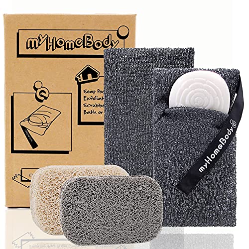 myHomeBody Soap Pocket Exfoliating Soap Saver Pouch | Body Scrubber Sponge, Exfoliator for Bath or Shower | for Large Bar Soap or Leftover Bits | Graphite Gray, 2 Pack + 2 Soap Lifting Pads