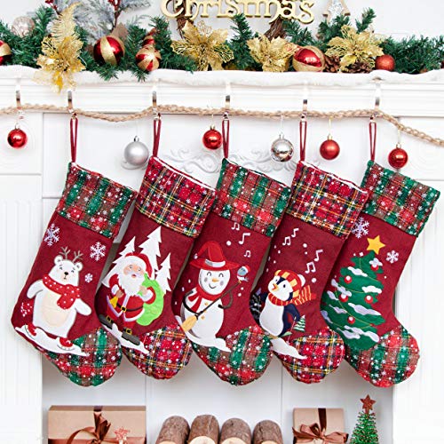 LUBOT 5 Pack Christmas Stockings(21inch) Embroidered Linen Applique Burlap Fireplace Hanging Christmas Stocking Ornament for Family Decorations Holiday Xmas Gift