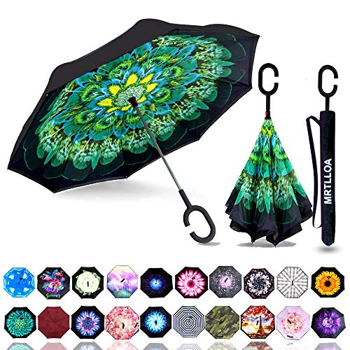 MRTLLOA Windproof Inverted Reverse Umbrella with UV Protection, C-Shaped Handle Double Layer Stick Umbrella for Rain (Green Peacock)