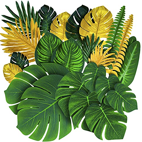 Palm Leaves for Tropical Party Decorations - 84 Set of 19 Types Artificial Tropical Gold and Green Monstera Supplies - Fake Leaf Plant for Jungle Safari Hawaiian Night Theme Party Birthday Placemats