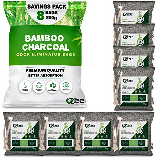 8 Bags x 200g Nature Fresh Activated Charcoal Odor Absorber, Bamboo Charcoal Air Purifying Bag, Odor Eliminator for Strong Odor, Odor Eliminator for Home, Car, Cigarette Smoke, Dog, Cat, Shoes