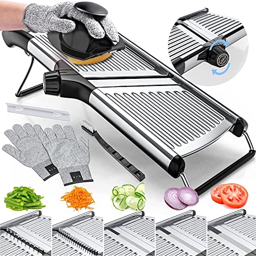 Gramercy Adjustable Mandoline Food Slicer, Mandoline Slicer for Kitchen, Mandolin, Potato Slicer, Tomato Slicer, Carrot Slicer, Onion Slicer - Stainless Steel - INCLUDING One Pair Cut-Resistant Gloves