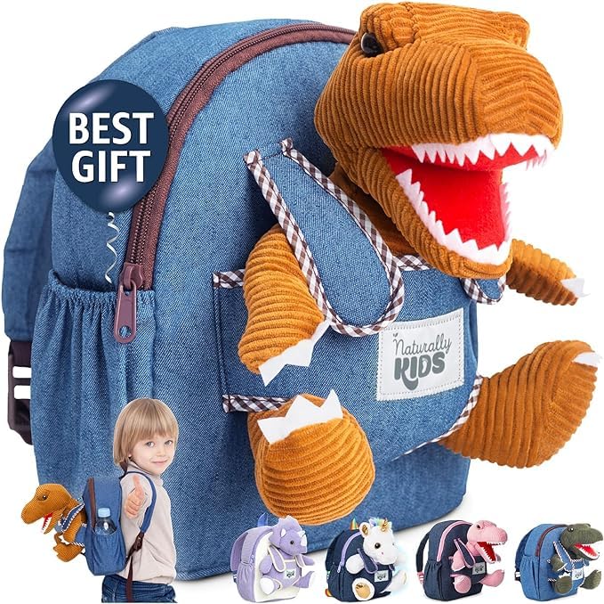 Naturally KIDS Toddler Backpack w Stuffed Animal Toy, Toddler Gifts for Boys Girls, Small Backpack, Brown Dinosaur Toys