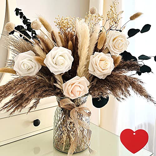 100pcs Artificial Flower Arrangements with Vase, Pampas Grass with Vase Included for Dining Table Centerpiece, Floral Centerpieces Coffee Table Decor Christmas, Faux Flowers in Vase, Centro de Mesa