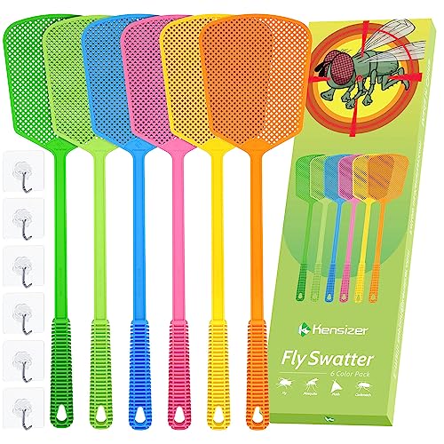 Kensizer 6-Pack Plastic Fly Swatters Heavy Duty, Multi Pack Matamoscas, Jumbo Long Handle Fly Swat Shatter Bulk, Large Bug Swatter That Work for Indoor and Outdoor