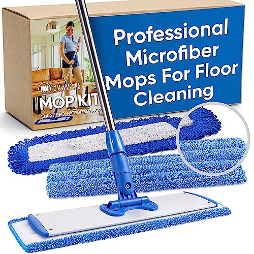 18' Professional Microfiber Mop - Hardwood Floor Mop - Dry & Wet Mop for Wood, Laminate, Tile, Vinyl Floors | Washable Pads | Wet & Dust Mopping | Adjustable Handle + 1 Microfiber Cloth