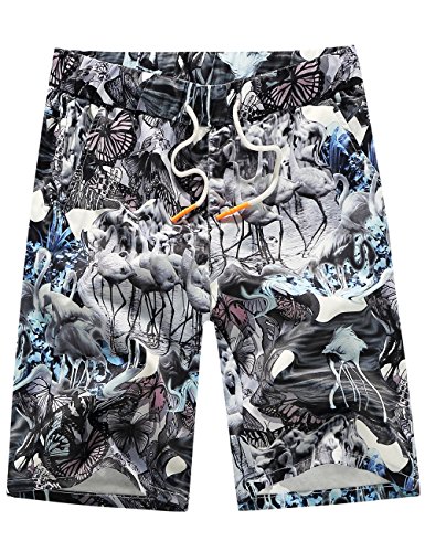 SSLR Men's Hawaiian Board Shorts Quick Dry Swim Trunks Drawstring Beach Shorts (34, Black Grey)