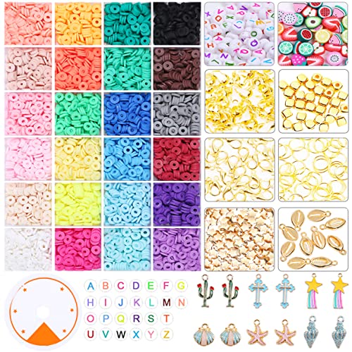 Polymer Clay Beads for Bracelets - Heishi Beads, 6104 Pcs Clay Spacer Beads for Jewelry Making, Flat Round Polymer DIY Craft Kit with Letter Beads, Gold Beads, Pendants and Line Party Suply