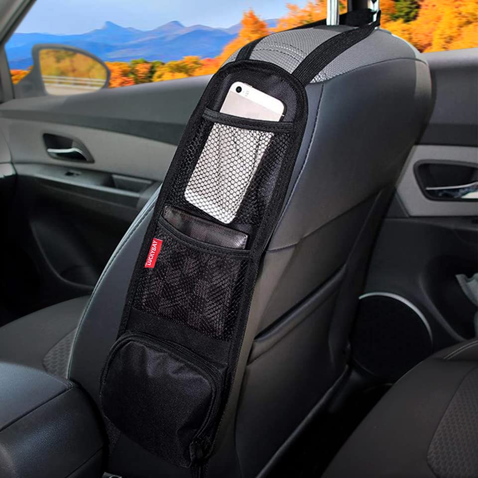 Luckybay Car Seat Side Organizer, Auto Seat Storage Hanging Bag, Phones, Drink, Stuff Holder with Mesh Pocket for Cars, SUV & Truck